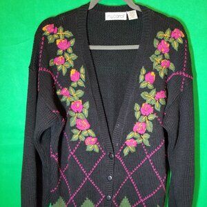MJ Carroll Vintage 80’s Button Up Cardigan Sweater Black Floral Women's Large